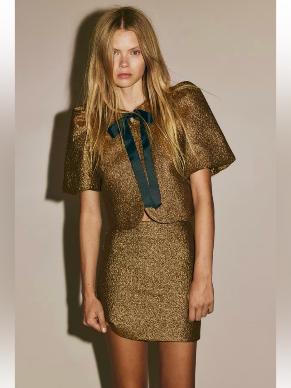 New H&M Metallic Gold Bow-Front Jacket